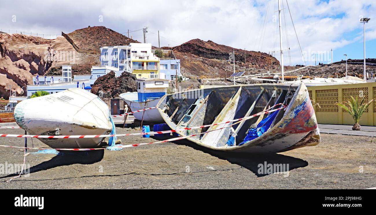 Bateaux migrants dans le port de la Restinga, El Hierro, îles Canaries, Espagne, Europe, Banque D'Images