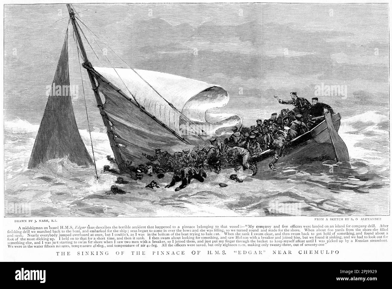 Gravure du naufrage de la pinnace du HMS Edgar Banque D'Images