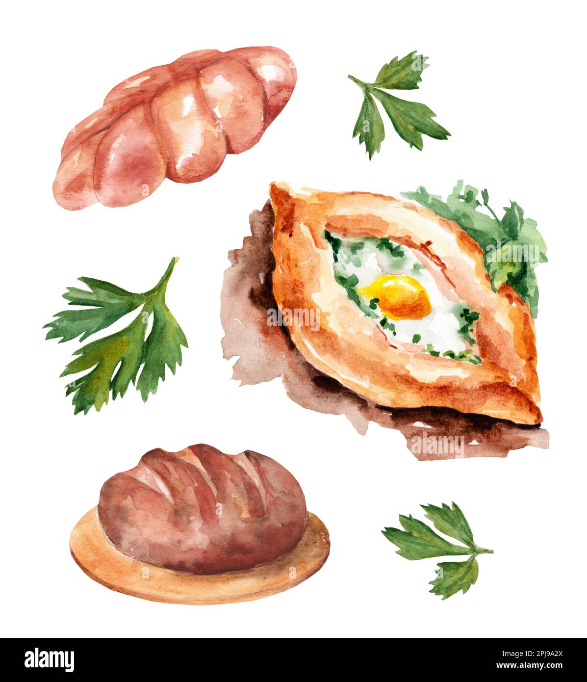 Un ensemble d'illustrations aquarelles. Pain de seigle, Khachapuri et sucré. Feuilles de persil. Dessin pour la conception de cafés, restaurants, menus Banque D'Images