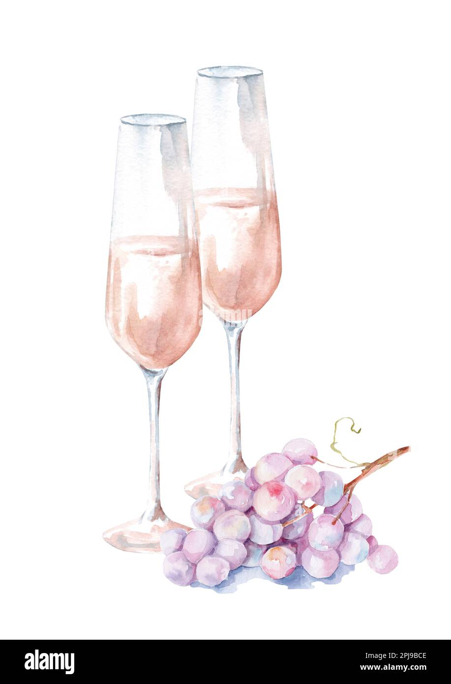 Deux verres de champagne et de raisin rose frais. Aquarelle illustration dessinée à la main isolée sur fond blanc. Banque D'Images
