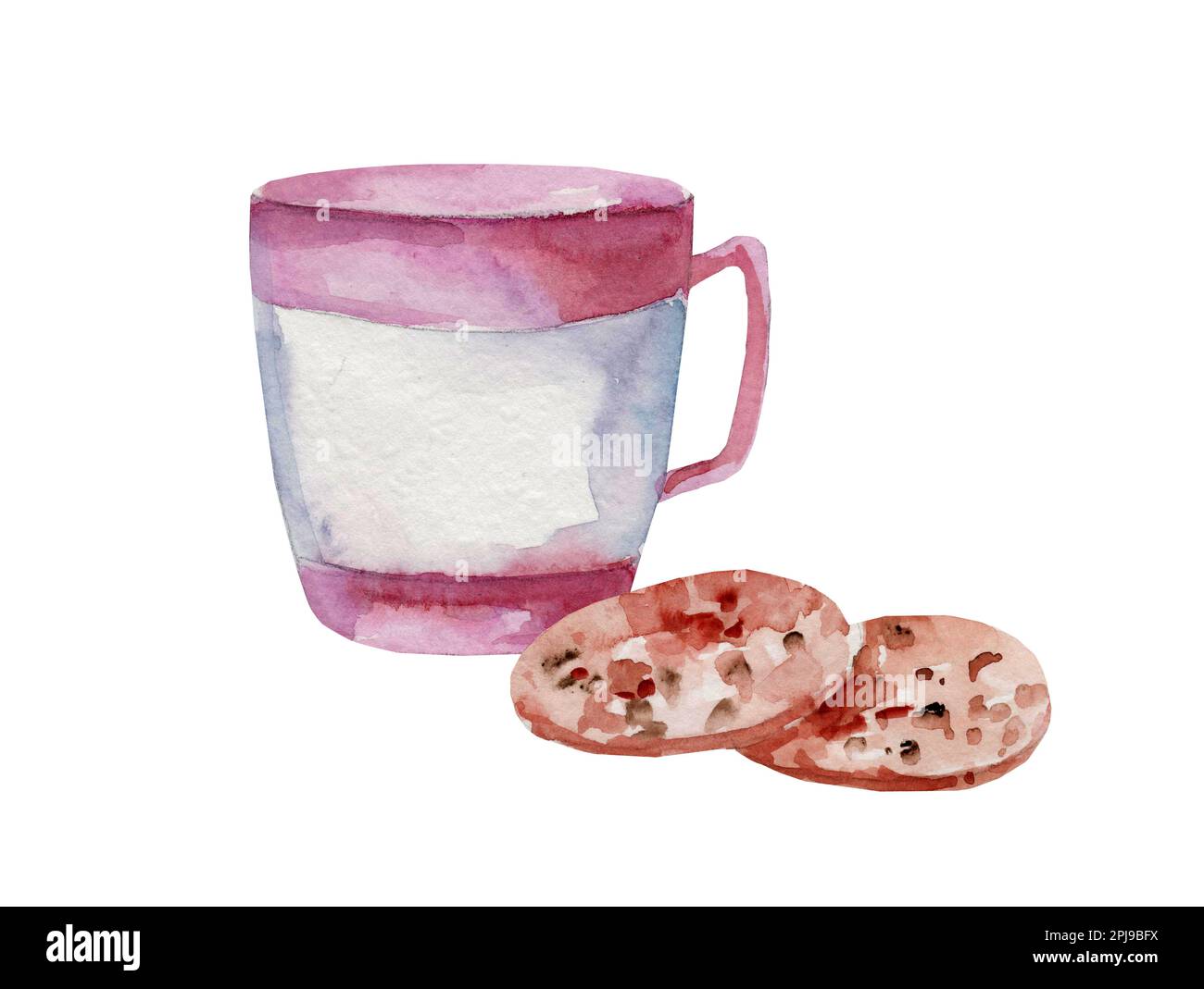Aquarelle illustration d'une tasse avec thé et biscuits avec des pépites de chocolat sur fond blanc Banque D'Images