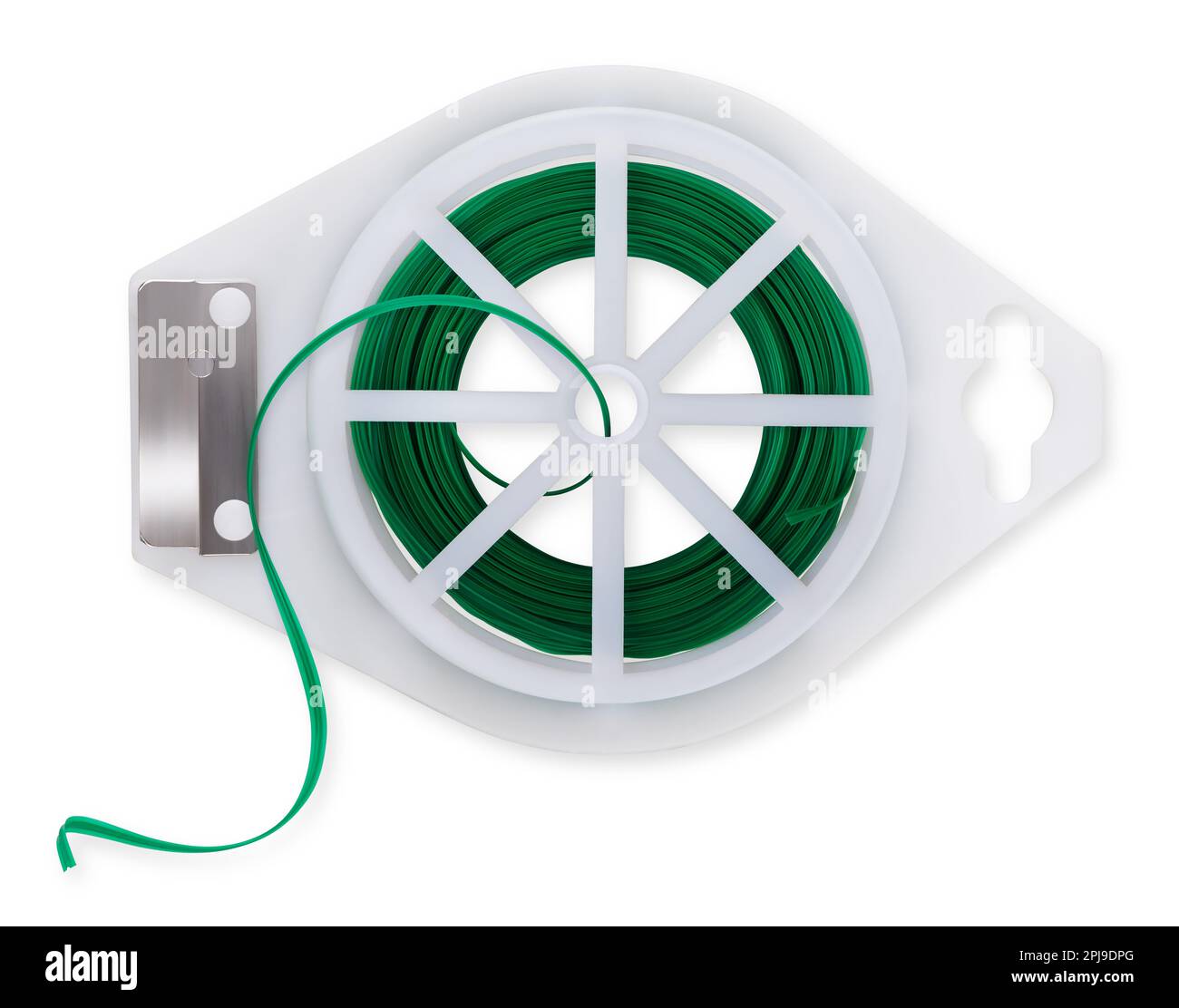 Ruban de jardin en plastique pour attacher et fixer les plantes, travail de jardin potager. Ensemble de caoutchouc cordon pour élaguer de vignoble ou d'arbre fruitier, vue de dessus isolat Banque D'Images