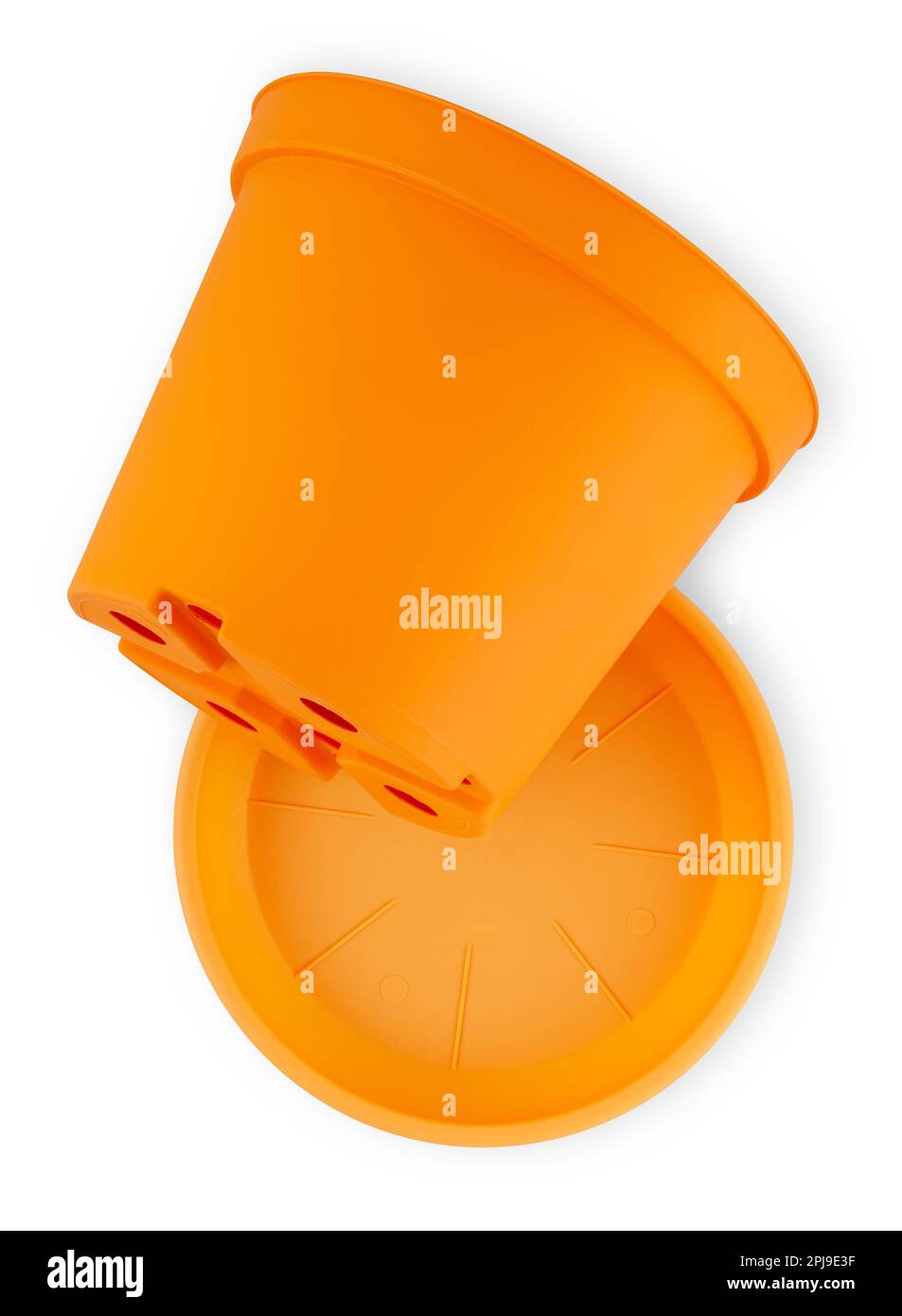 Pot en plastique orange de jardinage avec plaque, vue de dessus isolée sur fond blanc avec passe-cheveux. Bannière pour la vente de plantes et de produits de fleurs Banque D'Images