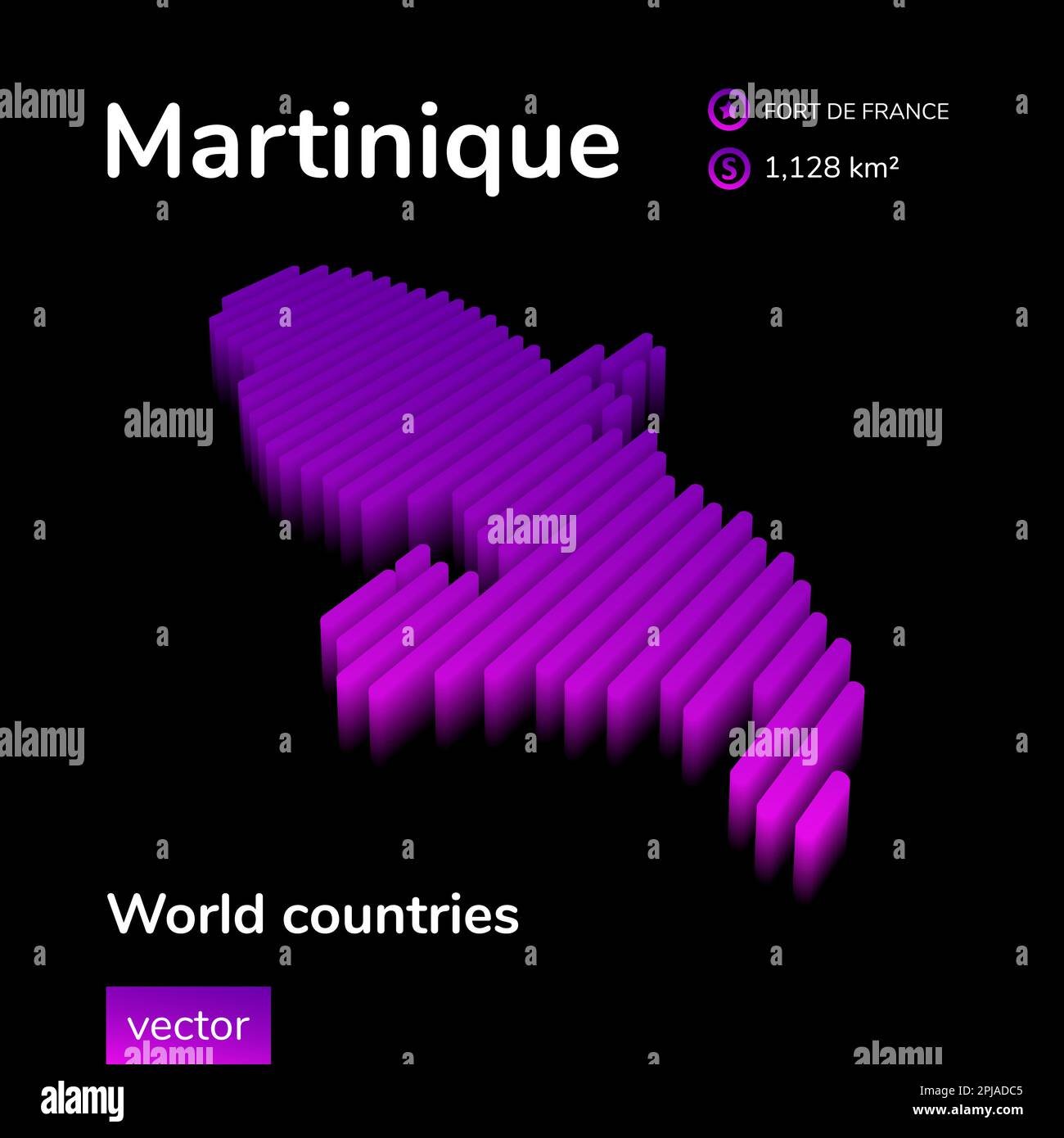 Martinique 3D carte. La carte vectorielle isométrique à rayures numériques stylisée néon simple est en violet sur fond noir Illustration de Vecteur