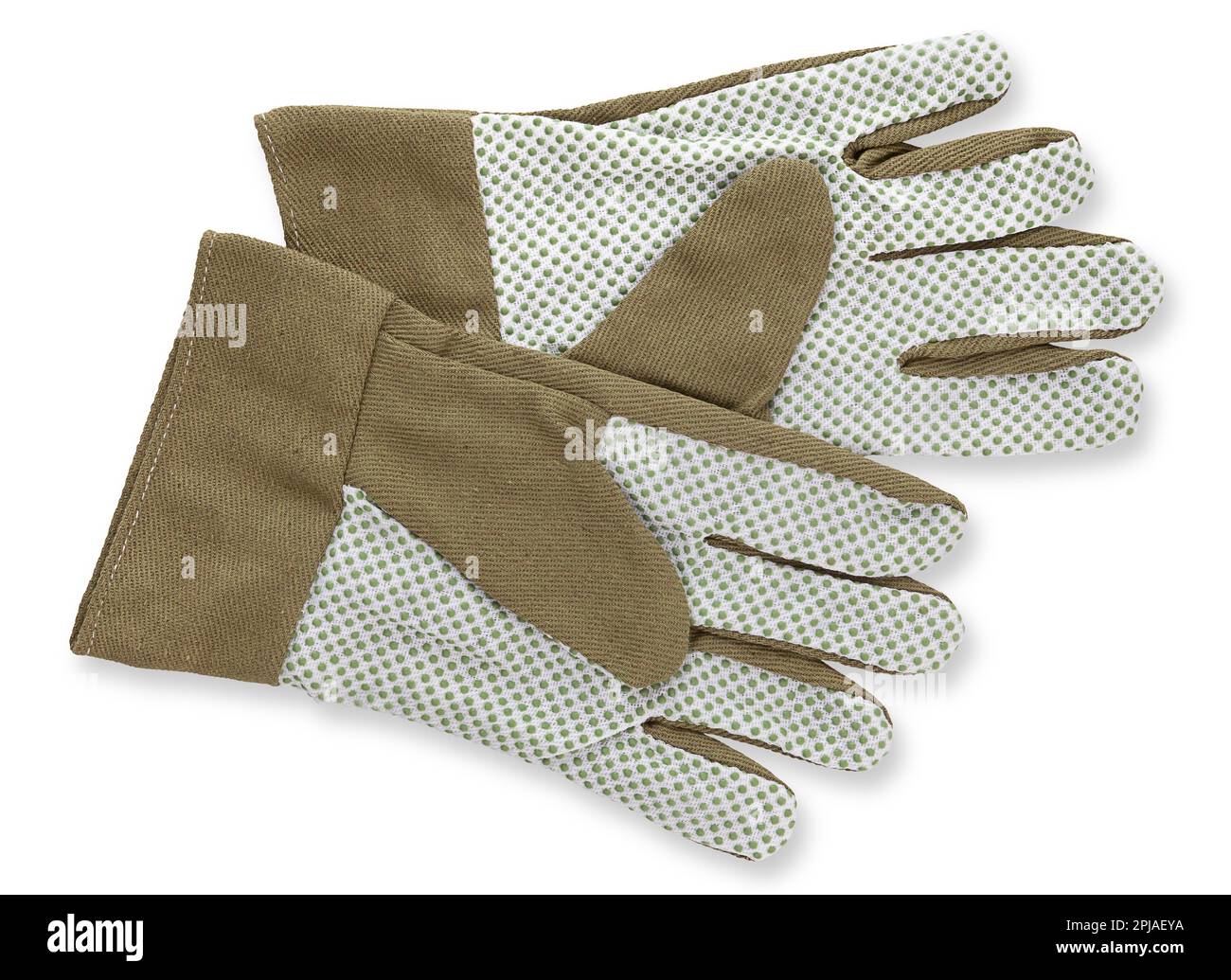 Gants de jardinage en tissu vert, vue de dessus isolée sur fond blanc, concept de printemps pour le jardinage à la maison ou le jardin potager et le soin des plantes. Banque D'Images