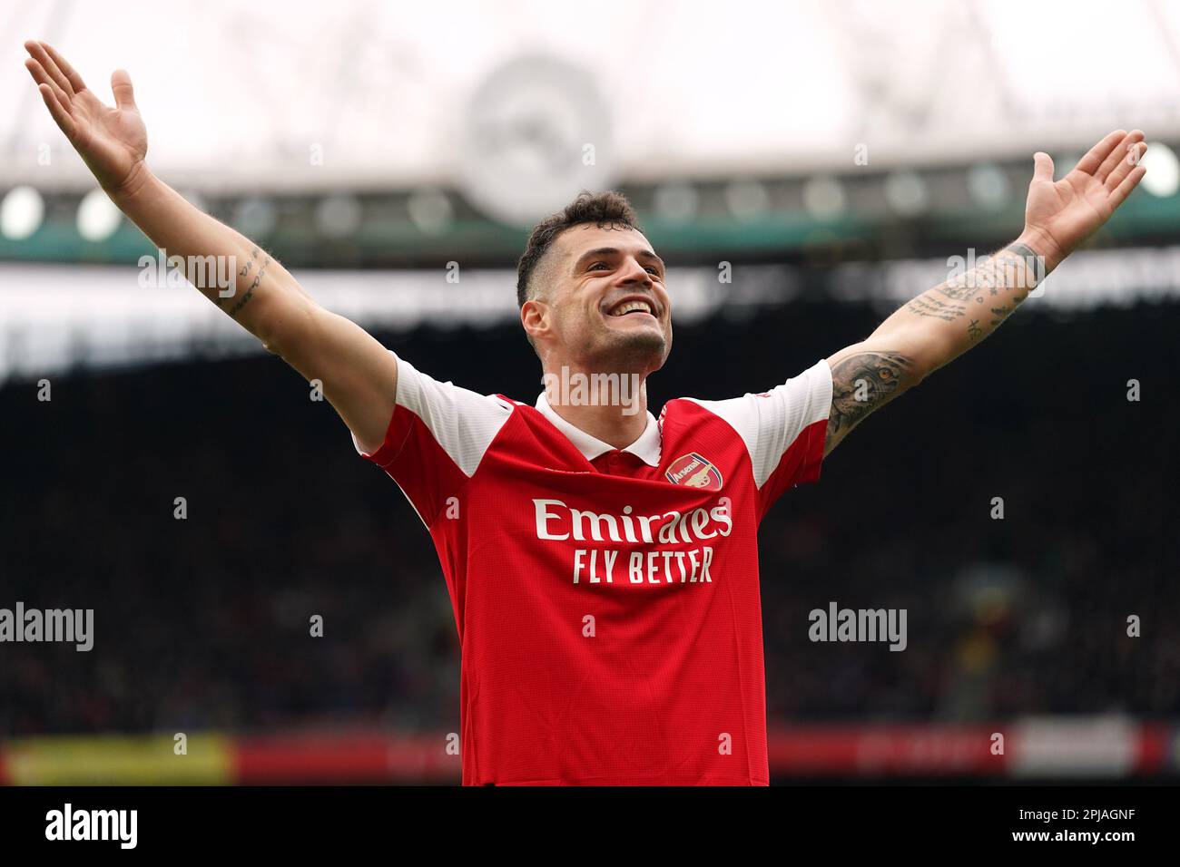 Granit Xhaka d'Arsenal célèbre le quatrième but du match de sa partie lors  du match de la Premier League à l'Emirates Stadium, Londres. Date de la  photo: Samedi 1 avril 2023 Photo