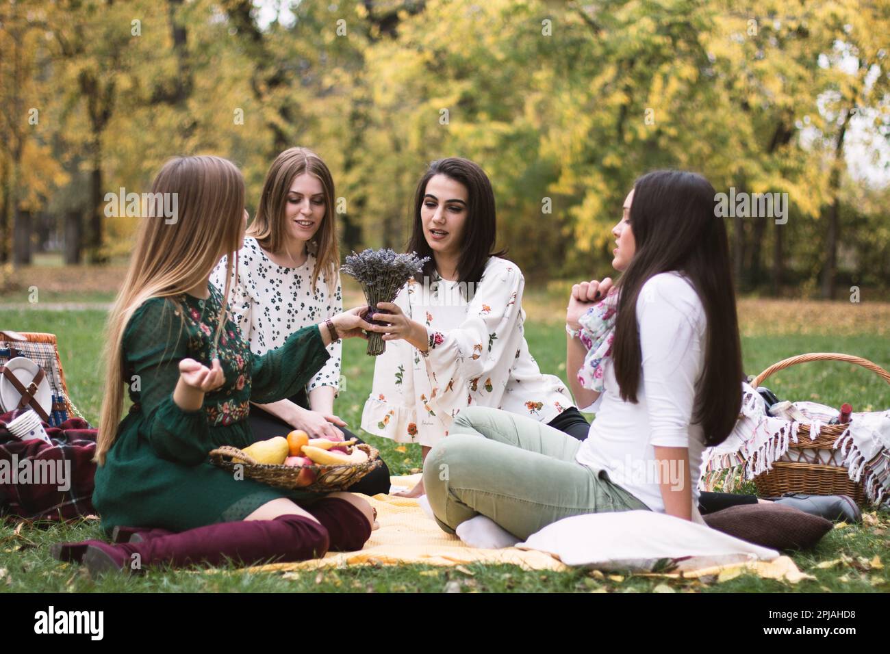 Groupe de quatre femmes sur un pique-nique d'automne amusant dans le parc, ayant un bon moment. Banque D'Images