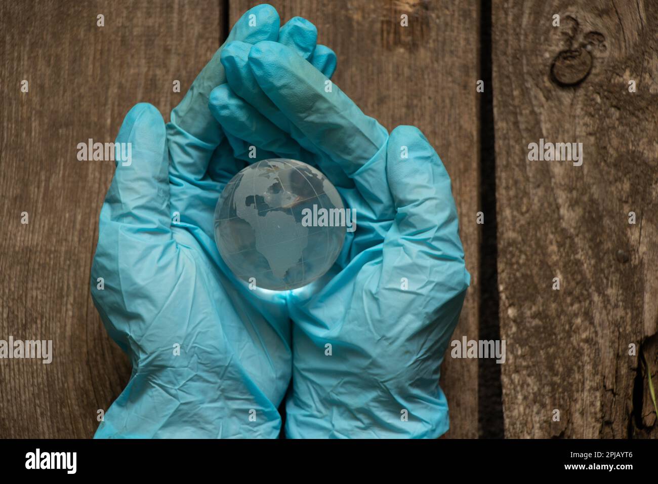 mains dans des gants médicaux tenant un globe Banque D'Images