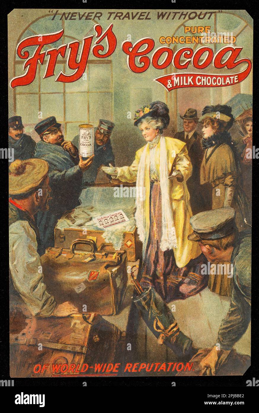 « Je ne voyage jamais sans » le cacao concentré et le chocolat au lait de Fry, de renommée mondiale J.S. Fry & Sons Ltd, publicité vintage de C1900 Banque D'Images