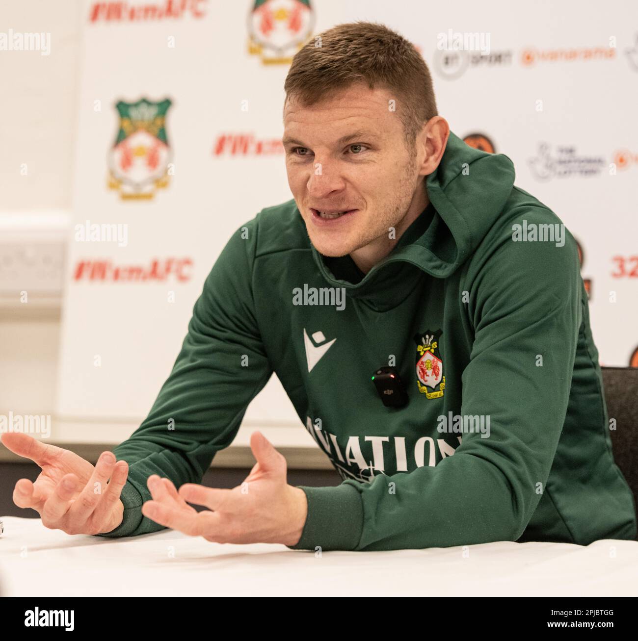 Wrexham, Wrexham County Borough, pays de Galles. 1st avril 2023. Paul Mullin de Wrexham Conférence de presse/interviews à temps plein, pendant Wrexham Association football Club V Oldham Athletic Association football Club au terrain de course, dans la Vanarama National League. (Image de crédit : ©Cody Froggatt/Alamy Live News) Banque D'Images