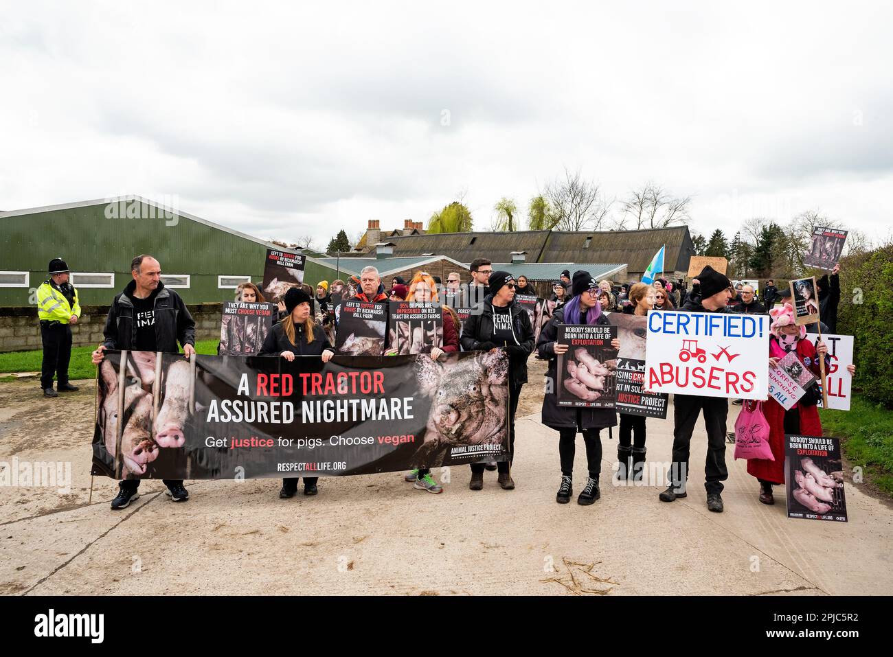 Bickmarsh, Alcester, Warwickshire, Royaume-Uni. 1st avril 2023. Le projet de justice animale a organisé une manifestation à Bickmarsh Hall Farm. Une enquête sous couvert par le projet de justice animale a photographié et rapporté des conditions épouvantables à la méga ferme de Warwickshire, même si la ferme avait l'assurance de Red Tractor. La manifestation était de mettre en lumière les conditions cruelles et épouvantables des porcs à la ferme. Les manifestants scandaient un tracteur rouge, c'est un mensonge, les cochons souffrent et meurent. Crédit : Stephen Bell/Alay Live News Banque D'Images