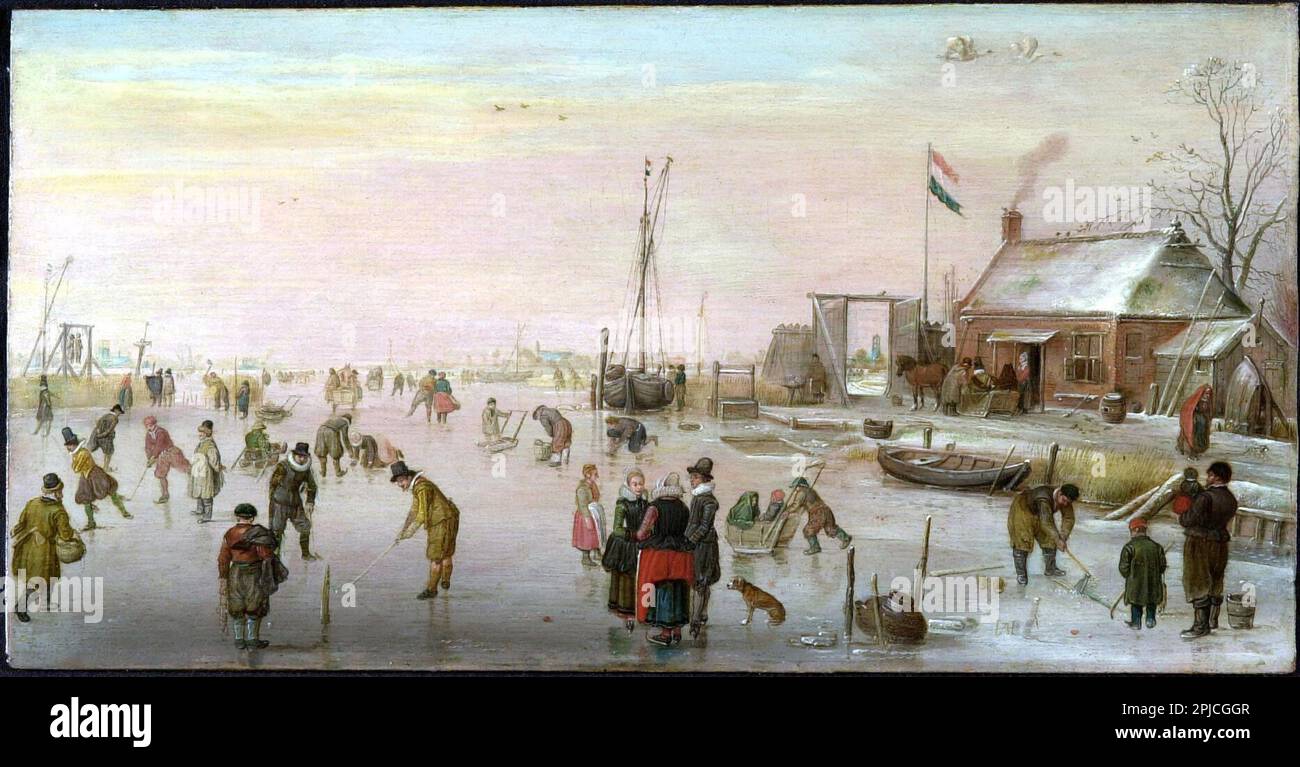Paysage hivernal avec des personnages qui patinent et jouent à kolf sur la glace près d'un chalet peint par le peintre hollandais Hendrick Avercamp datant du 16th siècle. Avercamp était sourd et muet et était connu sous le nom de 'de Stomme van Kampen' (muet de Kampen). Banque D'Images