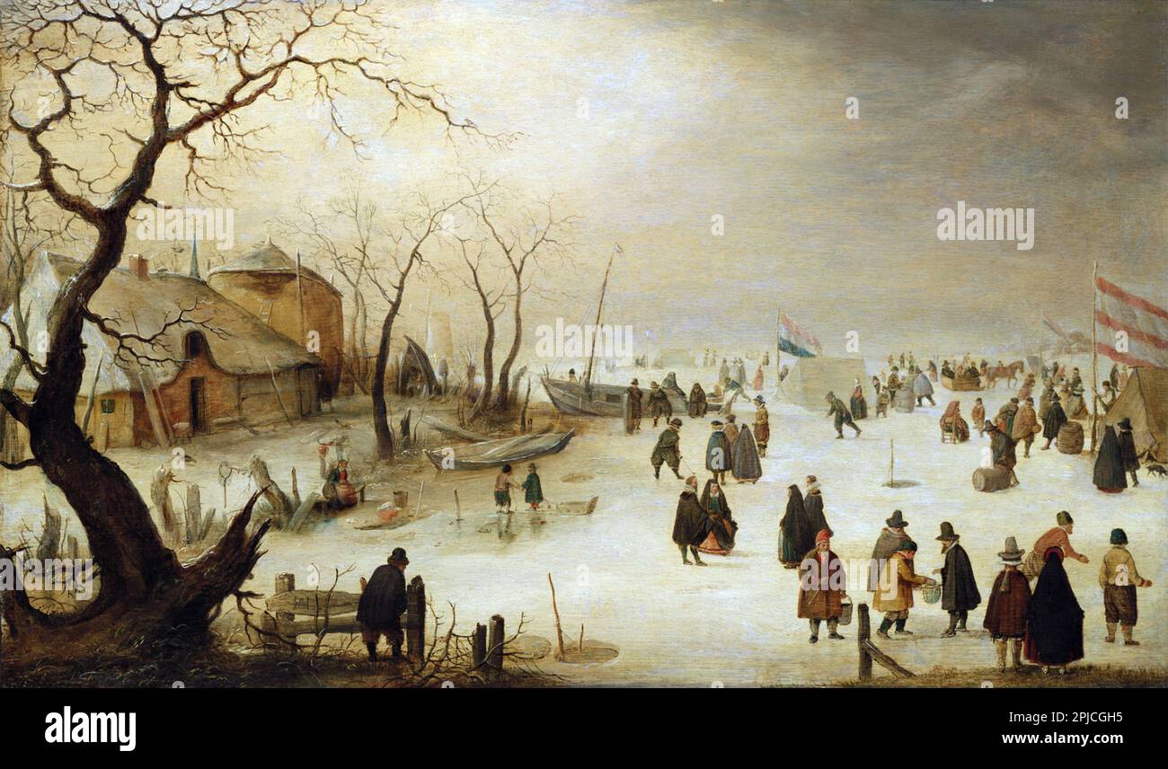 Paysage de la rivière d'hiver avec des figures sur la glace (huile sur panneau) peintes par le peintre hollandais Hendrick Avercamp datant du 16th siècle. Avercamp était sourd et muet et était connu sous le nom de 'de Stomme van Kampen' (muet de Kampen). Banque D'Images