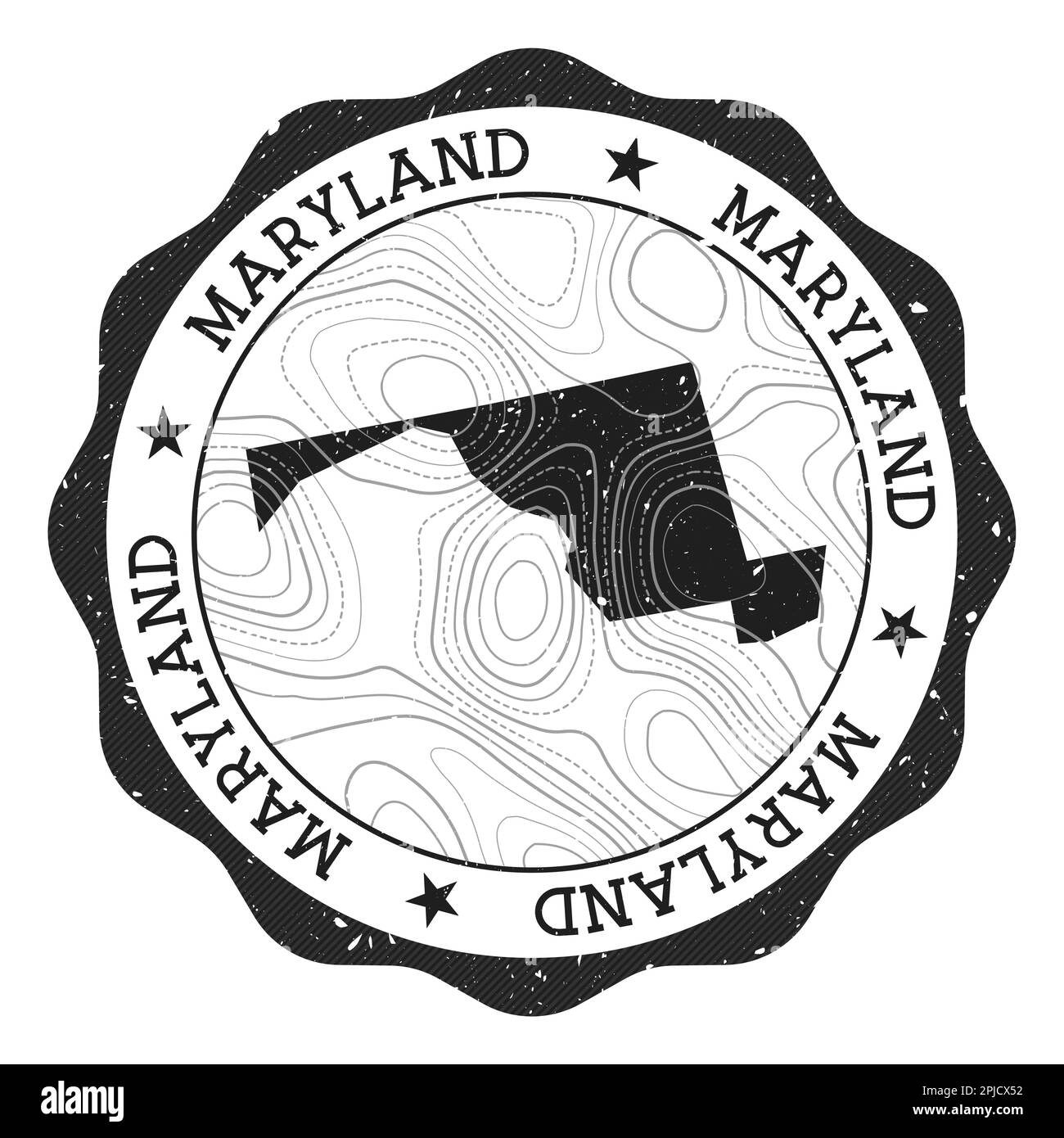 Timbre extérieur du Maryland. Autocollant rond avec carte de l'état des États-Unis avec isolines topographiques. Illustration vectorielle. Illustration de Vecteur