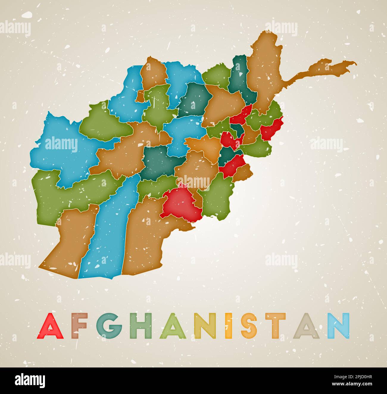 Carte de l'Afghanistan. Affiche de pays avec des régions colorées. Texture grunge ancienne. Illustration vectorielle de l'Afghanistan avec le nom du pays. Illustration de Vecteur