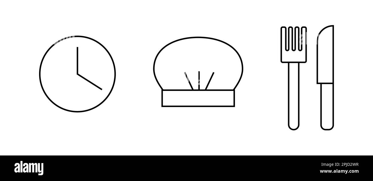 Icônes de la ligne de cuisson. Temps d'ébullition, fourchette et couteau, icônes de la ligne de chapeau de chef. Vecteur Illustration de Vecteur