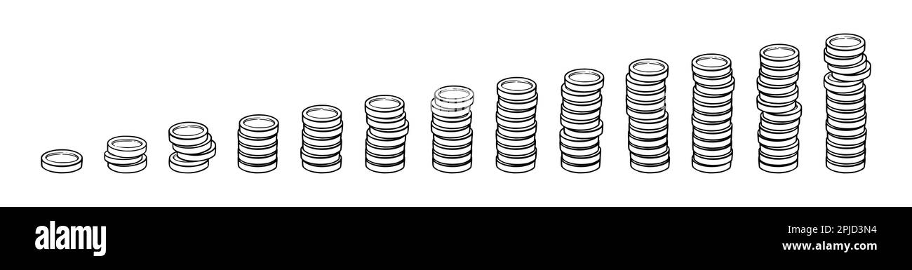 Graphique de la tour de monnaie pour les graphiques d'investissement et la croissance des bénéfices d'intérêt des banques. Ensemble avec piles de pièces et tours. Illustration vectorielle isolée en blanc Illustration de Vecteur