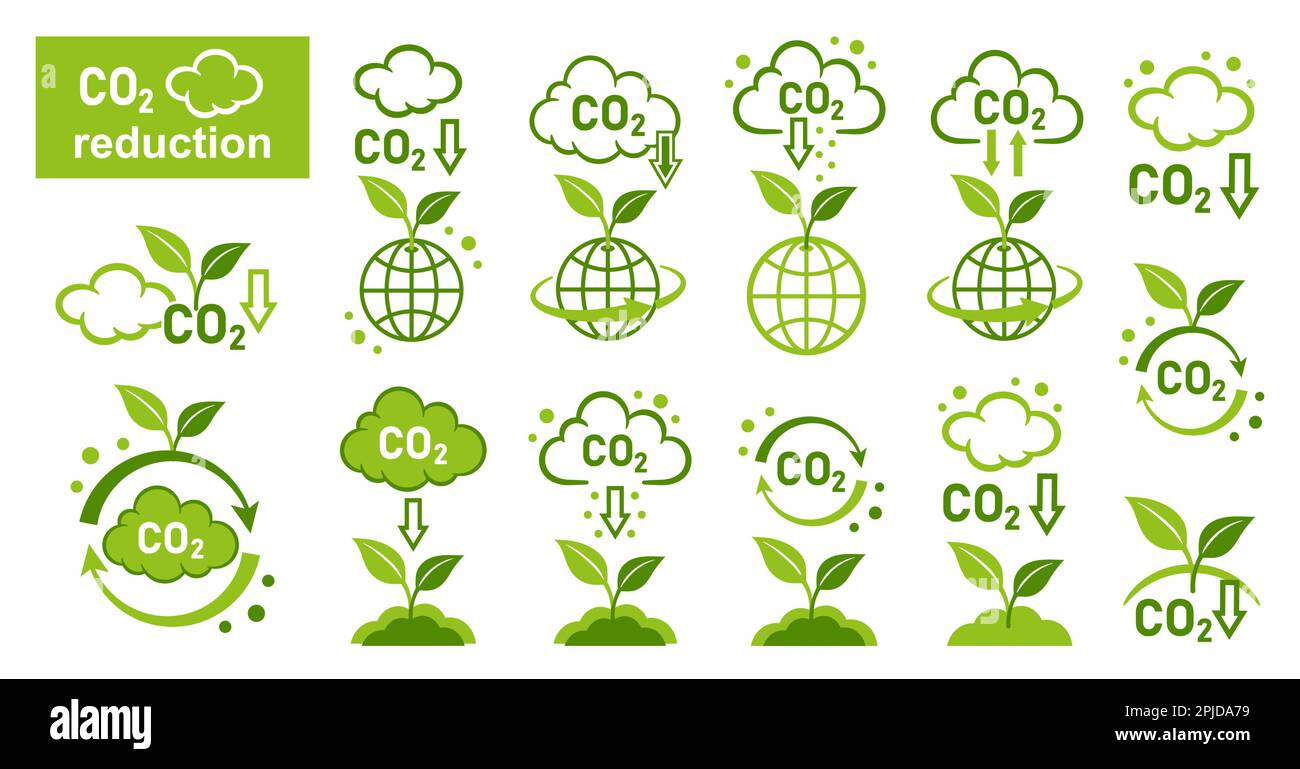 CO2 réduction des émissions, recyclage du dioxyde de carbone des plantes vertes, ensemble d'icônes de réduction des gaz à effet de serre carbonique. Nuage de fumée. Faible pollution écologique de l'air. Vecteur Illustration de Vecteur