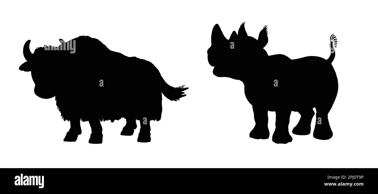 Silhouette noire de rhinocéros et de yak. Dessin avec des animaux amusants. Modèle pour les enfants à découper. Banque D'Images