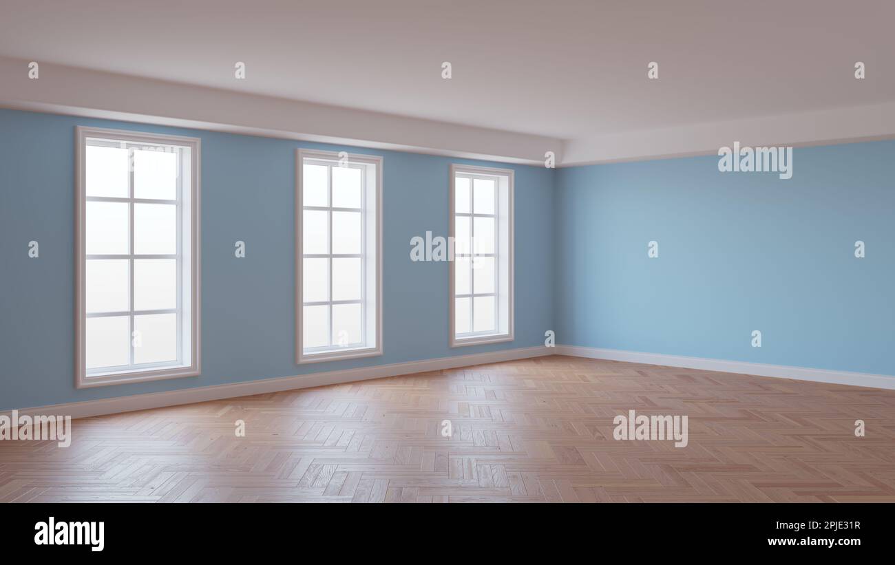 Intérieur vide de la pièce avec murs bleu clair, trois grandes fenêtres, parquet brillant à chevrons et un pied blanc. Concept de la chambre non meublée. 3D rendu, 8K Ultra HD, 7680 x 4320 Banque D'Images