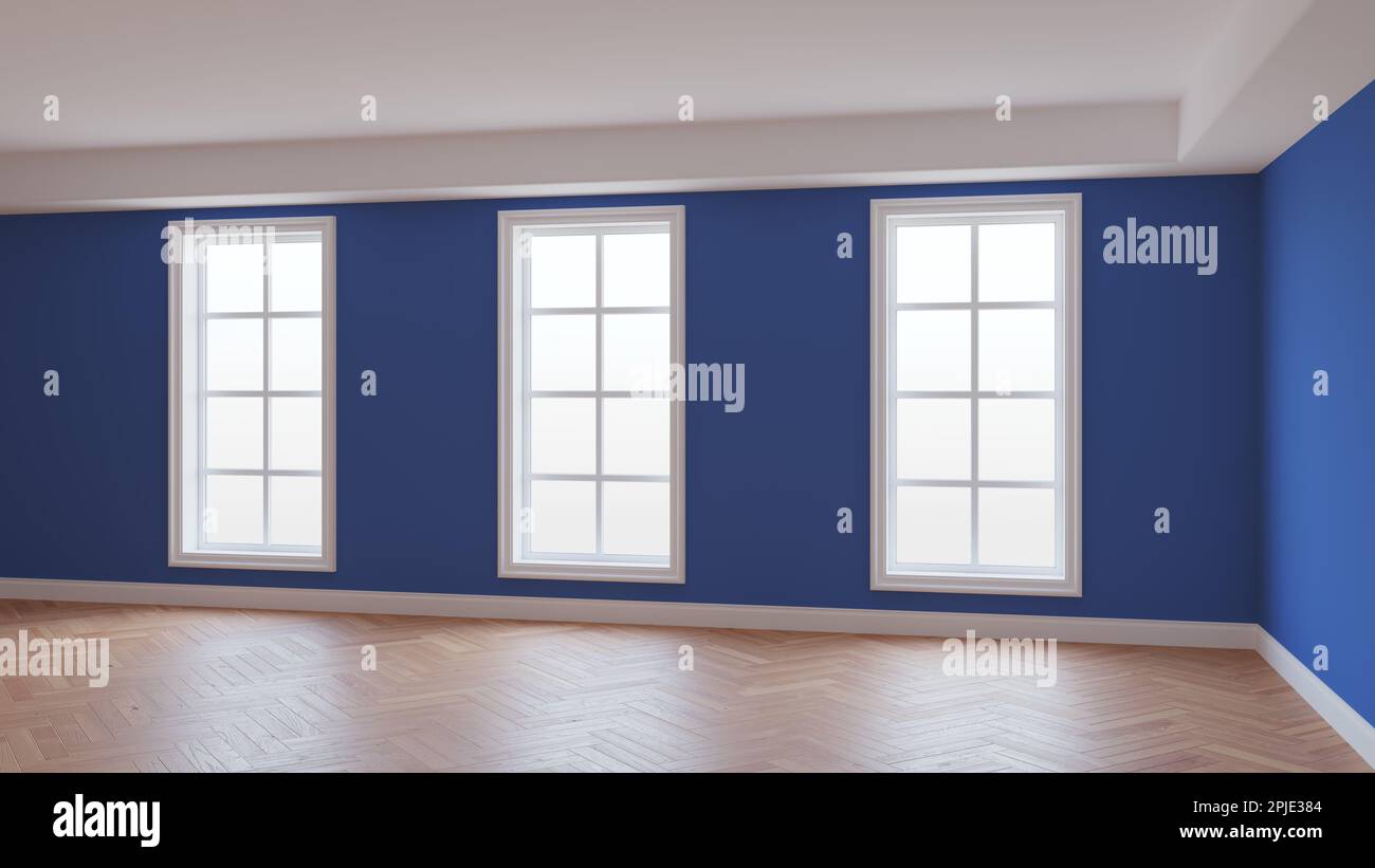 Murs bleu foncé intérieur, trois grandes fenêtres, parquet brillant clair à chevrons et un pied blanc. Magnifique concept non meublé de la chambre. 3D Illustration, Ultra HD 8K, 7680x4320, 300 dpi Banque D'Images