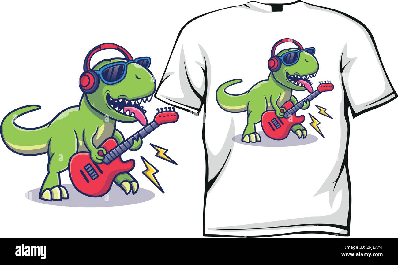 Rocker Dinosaur avec lunettes de soleil jouant de la guitare dessin illustration imprimé vectoriel. T-shirt amusant pour enfant. Joli motif dinosaure. Illustration de Vecteur