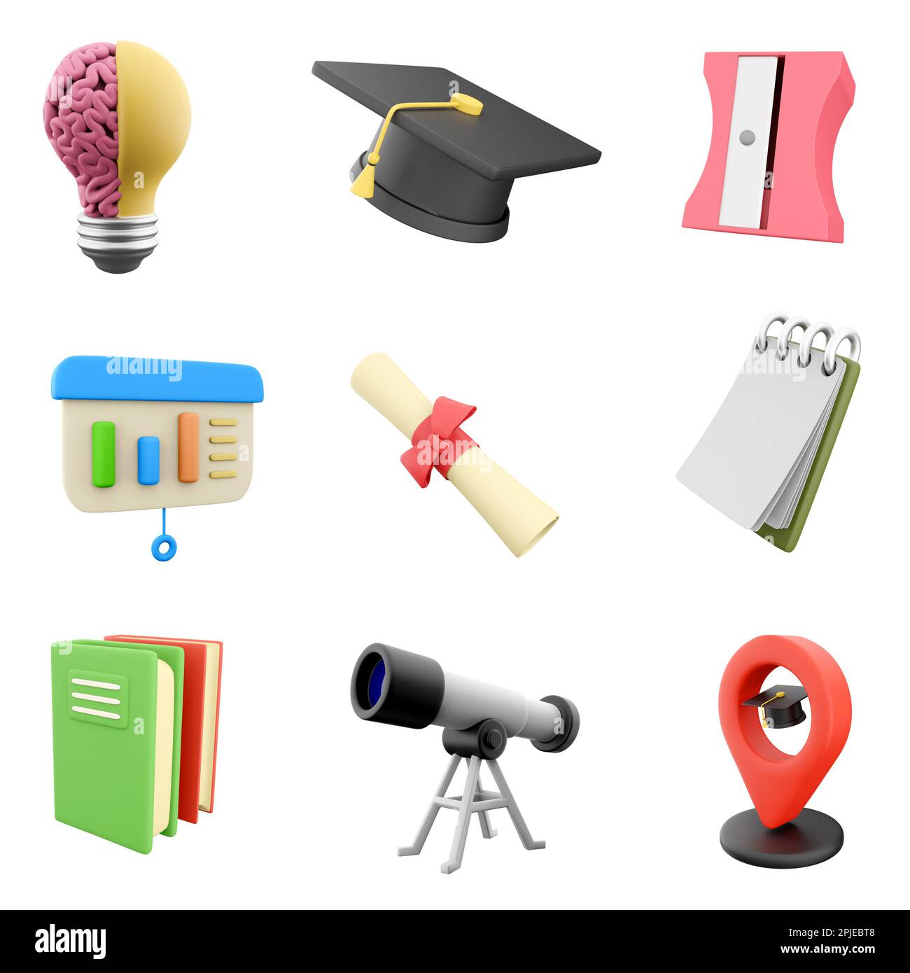 3d lampe de rendu de cerveau, chapeau de graduation, taille-crayon, tableau de présentation, diplôme, bloc-notes, deux livres, télescope et ensemble d'icônes d'emplacement d'école. 3d Banque D'Images