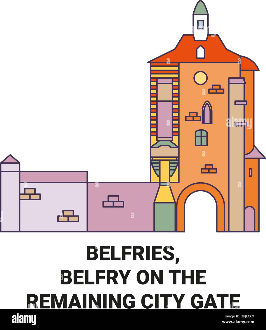 Belguim, Belfry, Belfry sur le reste de la ville porte Voyage repère illustration vectorielle Illustration de Vecteur