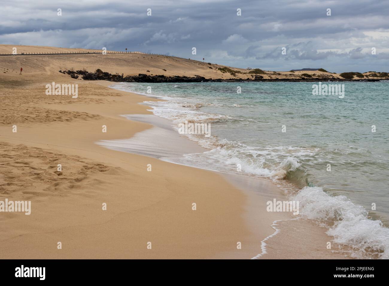 Courbe de la plage de sable de l'océan Atlantique. Vide en hiver. Ciel nuageux. Dunas de Corralejo, Fuerteventura, Îles Canaries, Espagne. Banque D'Images