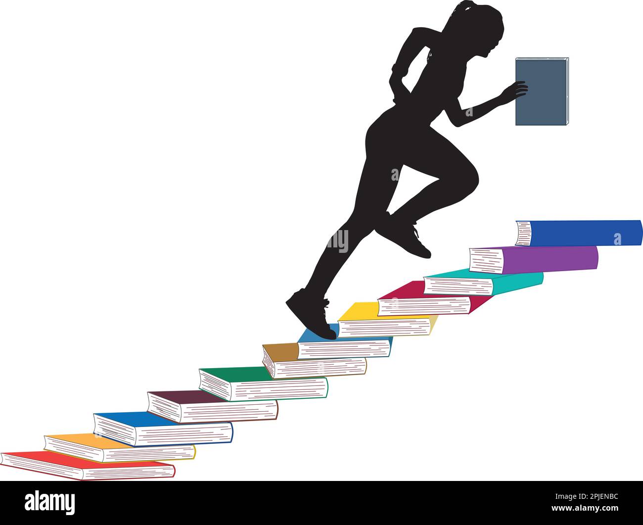 Ombre d'une jeune femme, sautant et sprinting sur un escalier en spirale fait de livres pour augmenter la connaissance et atteindre le sommet Illustration de Vecteur