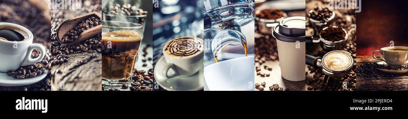 La variété de boissons de café présentées dans une seule bannière photo concept de nourriture de barista. Banque D'Images