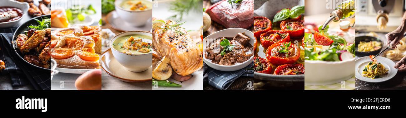Toutes sortes de différents repas lus dans un seul concept alimentaire bannière photo. Banque D'Images