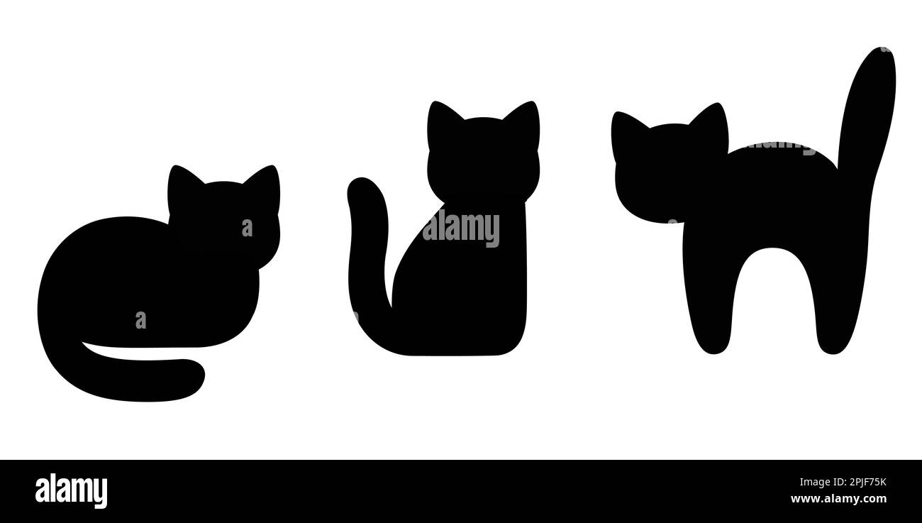 Ensemble de silhouette de chat noir de dessin animé. Icônes simples de chat assis et effrayés, vecteur isolé clip art illustration. Illustration de Vecteur