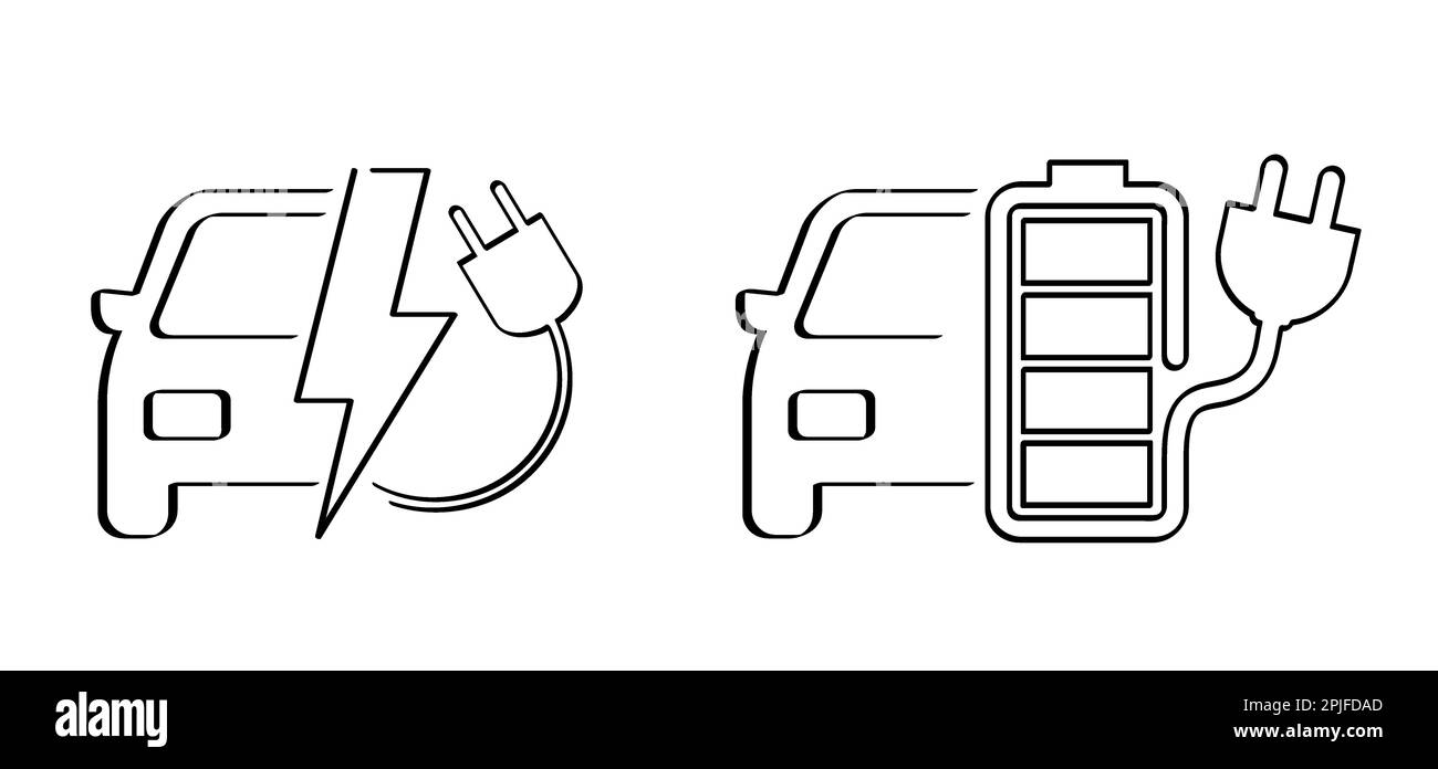 Dessins animés garés dans une zone de stationnement. Station de pompe de remplissage. Fiches de câble électrique pour voiture ou auto. Point de la station de charge de la prise pour véhicule électrique. B Banque D'Images