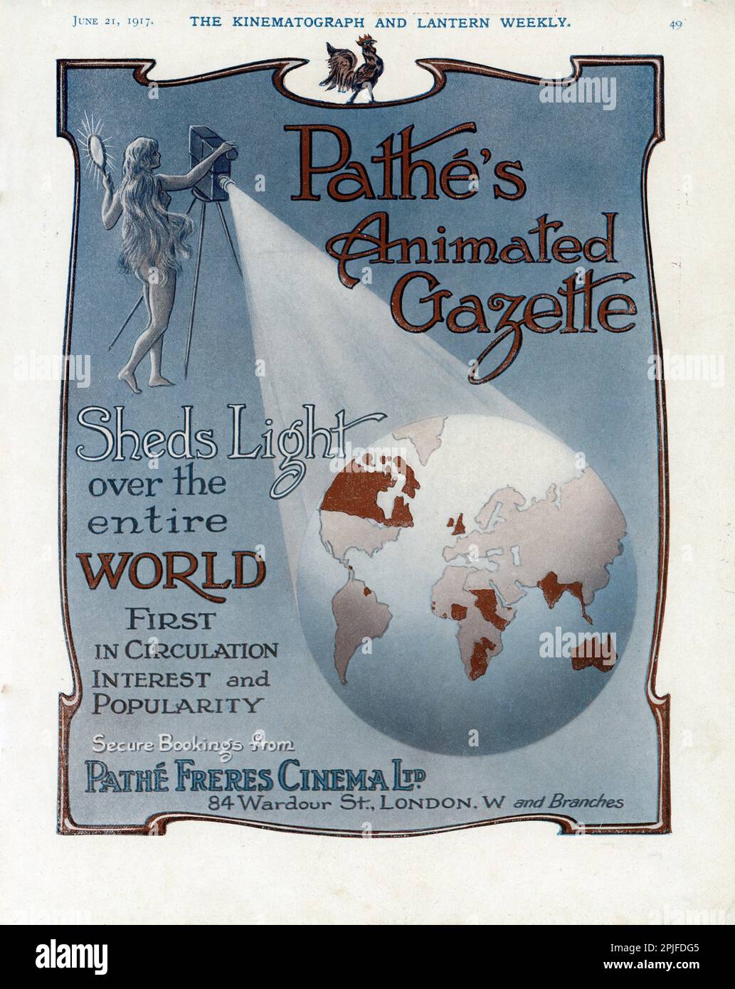 Commerce britannique annonce pour la bande-annonce silencieuse la GAZETTE ANIMÉE de PATHE présentée par Pathe Frères Cinema Ltd Banque D'Images