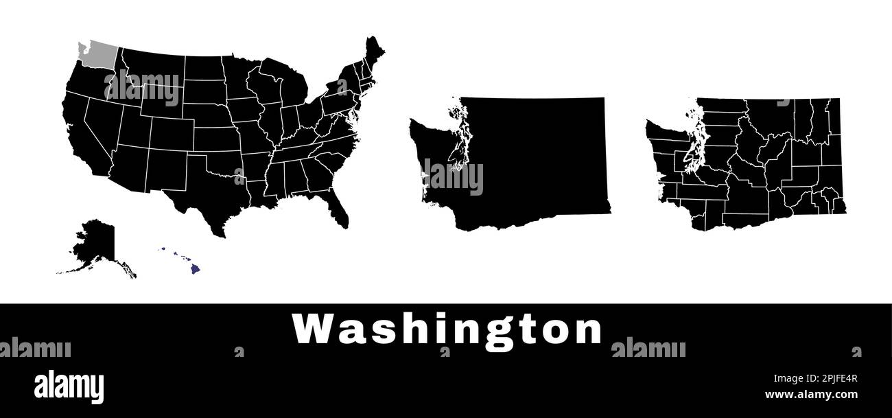 Carte de l'État de Washington, États-Unis. Ensemble de cartes de Washington avec frontières, comtés et cartes des États-Unis. Illustration de vecteur de couleur noir et blanc. Illustration de Vecteur