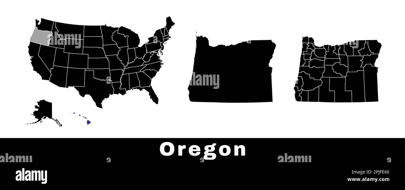 Carte de l'État de l'Oregon, États-Unis. Ensemble de cartes de l'Oregon avec frontières, comtés et cartes des États-Unis. Illustration de vecteur de couleur noir et blanc. Illustration de Vecteur