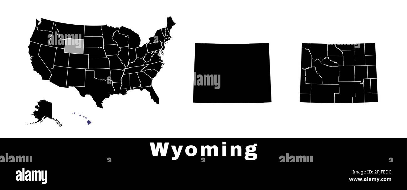 Carte de l'État du Wyoming, États-Unis. Ensemble de cartes du Wyoming avec contour de la frontière, cartes des comtés et des États des États-Unis. Illustration de vecteur de couleur noir et blanc. Illustration de Vecteur