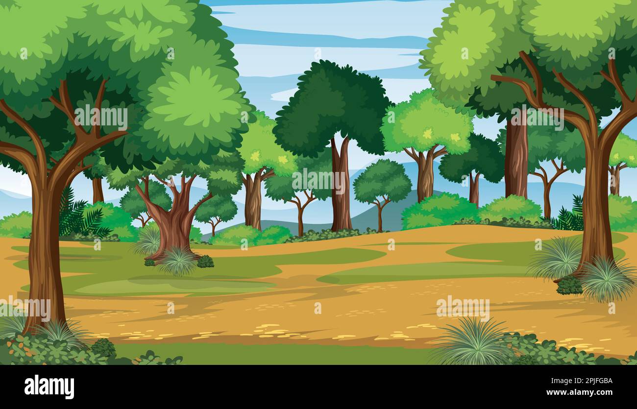 Vie de parc naturel de dessin animé ou paysage de jungle verte. Illustration vectorielle de forêt tropicale Illustration de Vecteur