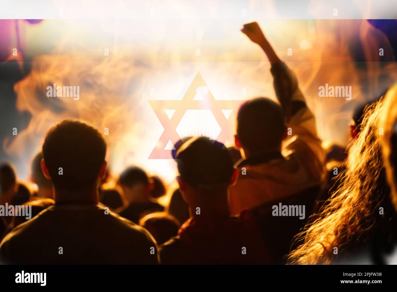 Manifestations Israël tel Aviv. Drapeau d'Israël. Manifestation en Israël 2023. Lever la main. Ministre de la Défense. Crise mondiale. Hors foyer. Banque D'Images