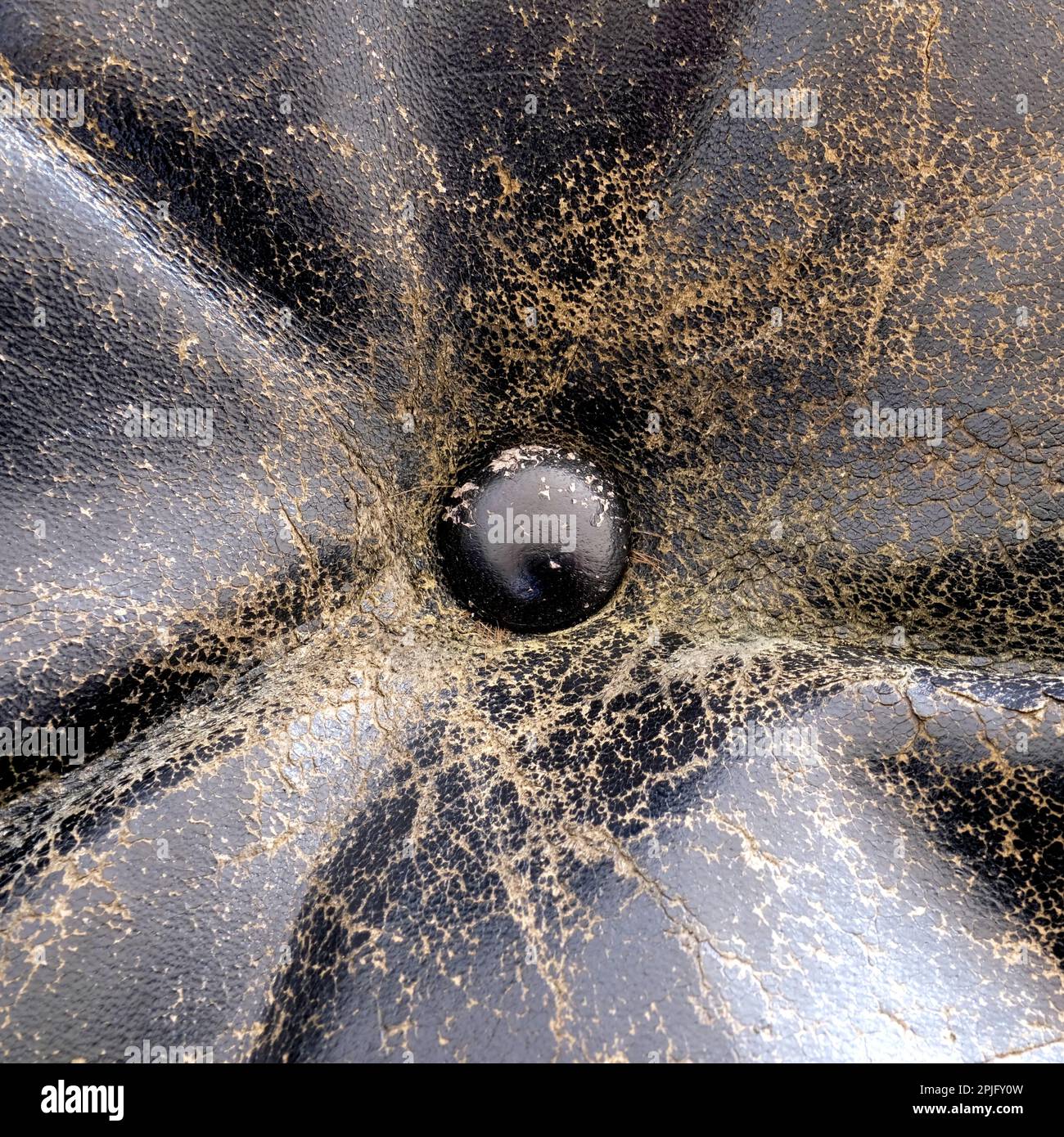 Bouton sur cuir pleine fleur noir fissuré; meubles usés et abîmés montrant des fissures et des lignes de surface; pris d'une chaise Eames 1960s. Banque D'Images