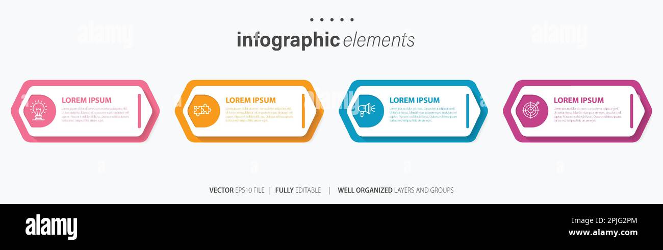 Modèle de conception d'étiquettes graphiques vectorielles avec icônes et 4 options ou étapes. Peut être utilisé pour le diagramme de processus, les présentations, la mise en page du flux de travail et la bannière Illustration de Vecteur
