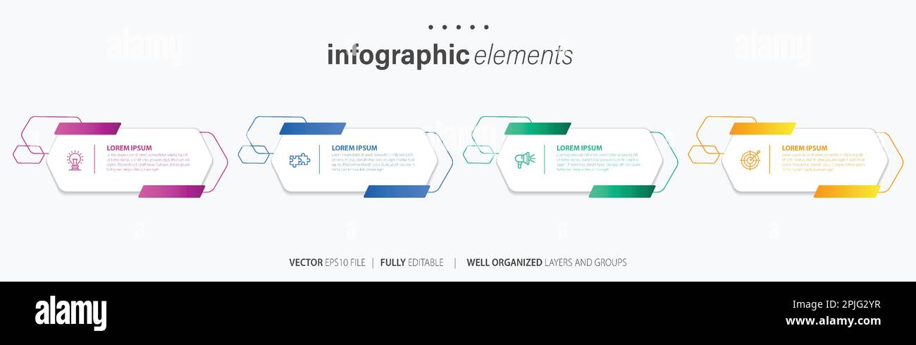 Modèle de conception d'étiquettes graphiques vectorielles avec icônes et 4 options ou étapes. Peut être utilisé pour le diagramme de processus, les présentations, la mise en page du flux de travail et la bannière Illustration de Vecteur