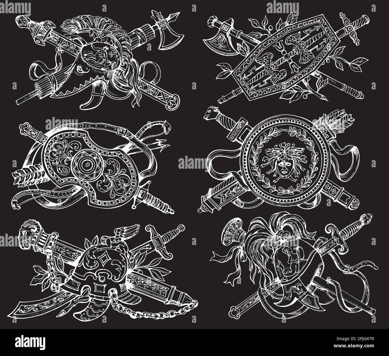 Ensemble de bras de style esquisse dessinés à la main isolés sur fond noir. Illustration vectorielle. Illustration de Vecteur