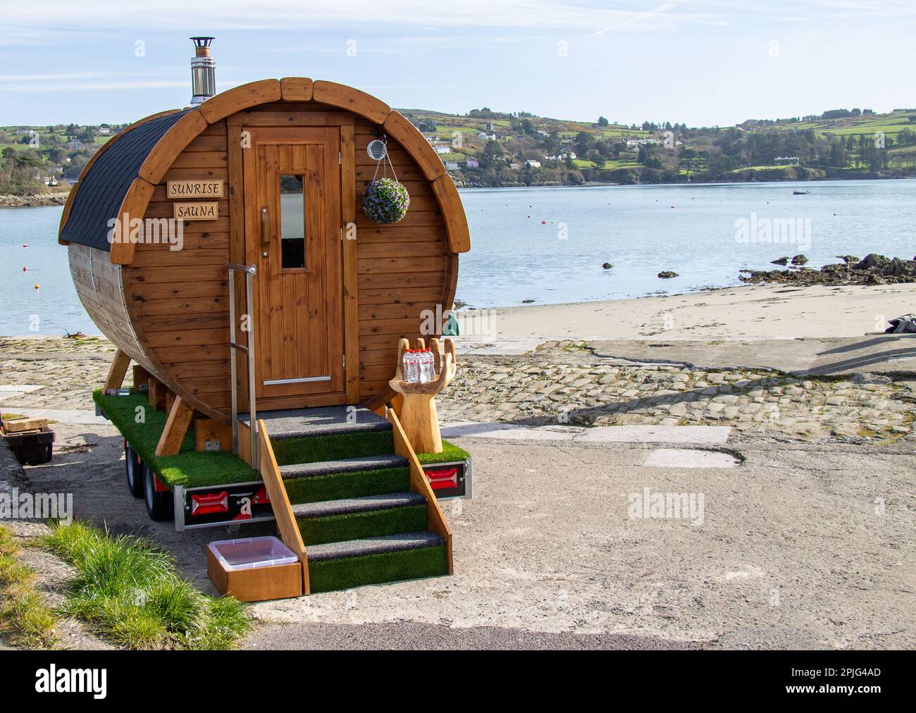 Sauna mobile sur la jetée de Seaside. Banque D'Images