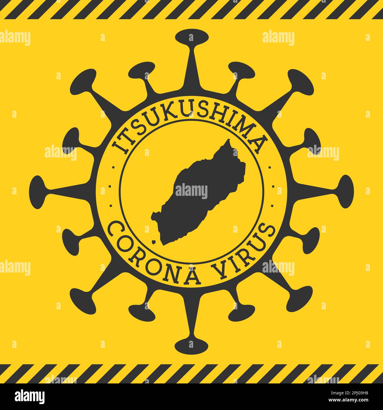 Corona virus dans le signe d'Itsukushima. Badge rond avec forme de virus et carte Itsukushima. Tampon de confinement de l'épidémie de Yellow Island. Illustration vectorielle. Illustration de Vecteur