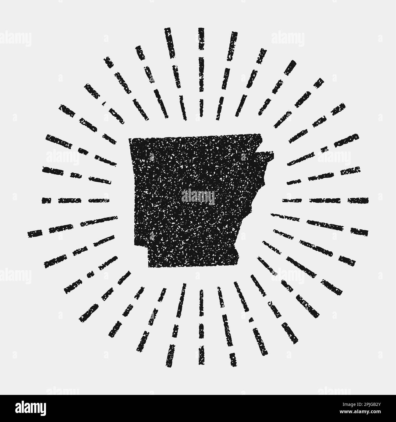 Carte vintage de l'Arkansas. Grunge Sunburst autour de l'état américain. Forme noire Arkansas avec rayons de soleil sur fond blanc. Illustration vectorielle. Illustration de Vecteur