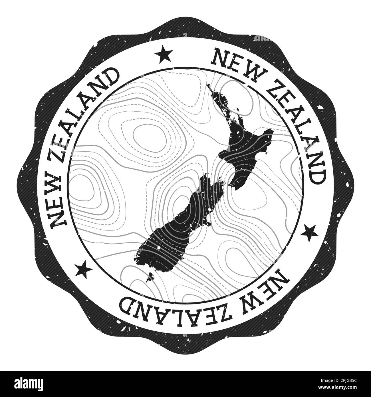 Timbre extérieur néo-zélandais. Autocollant rond avec carte du pays avec isolines topographiques. Illustration vectorielle. Illustration de Vecteur