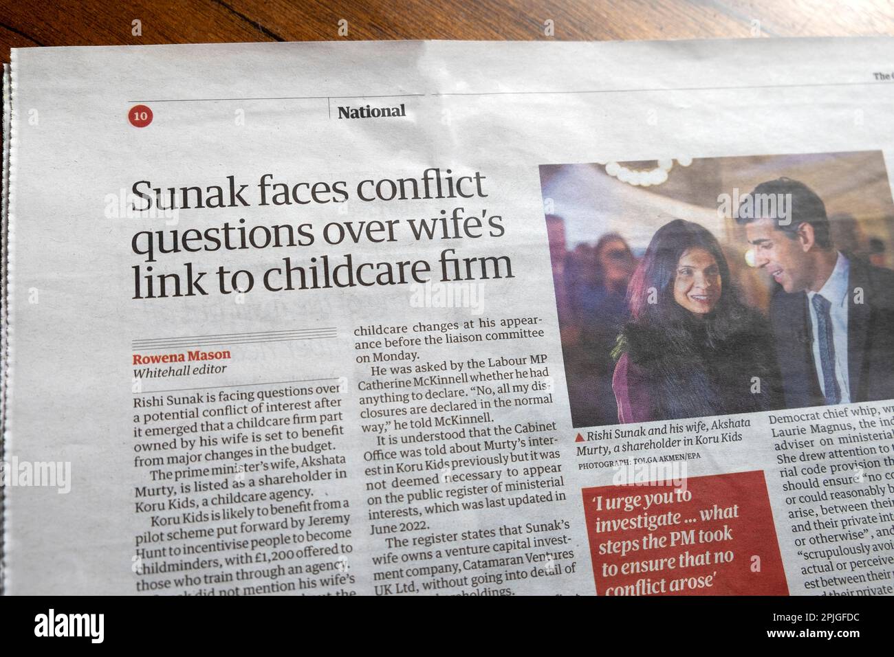 Rishi 'Sunak fait face à des questions conflictuelles sur le lien de l'épouse à la société de garde d'enfants' le journal Guardian titre Koru Kids article 30 mars 2023 Londres UK Banque D'Images