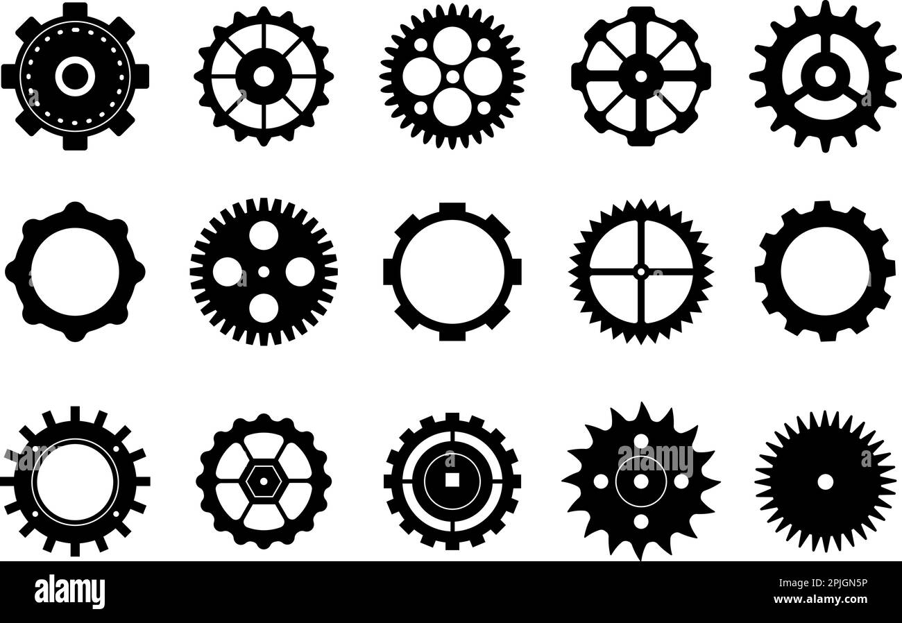 Icônes de roues dentées plates, schéma de roue dentée d'usine. Symboles de cogs noirs. Processus de progression ou d'entretien, pictogramme du cycle de travail éléments vectoriels décents Illustration de Vecteur